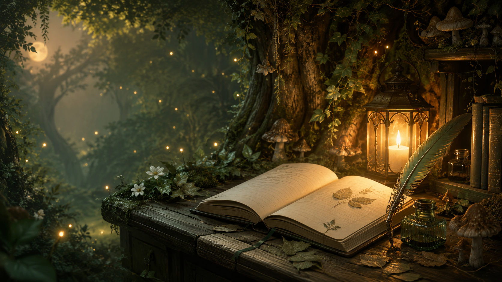 A moonlit forest writing nook with an open journal, quill, candle, and pressed leaves on a wooden desk